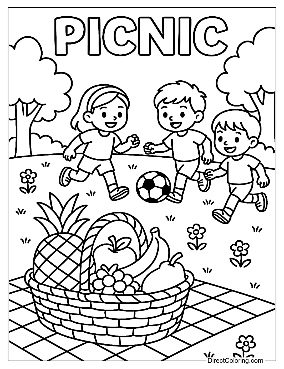 Coloring page of picnic scene, one corner has kids playing soccer, another corner is a fruit basket.